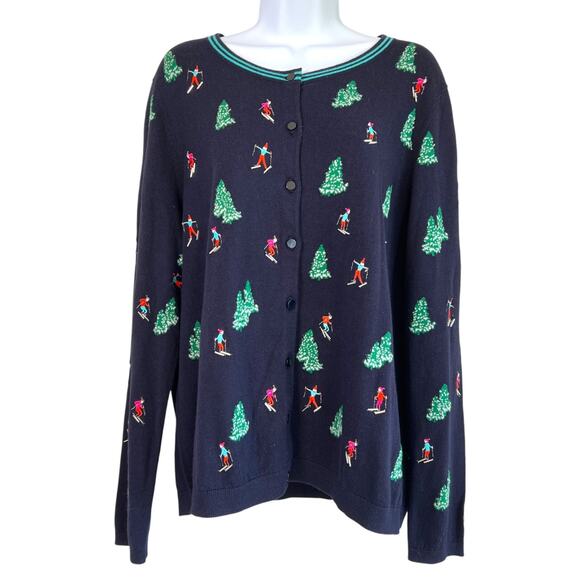 New Talbots Woman Novelty Beaded Skiers and Trees Cardigan Blue Size 1X Winter - Picture 1 of 7